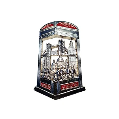 Image of London in a Telephone Box Fridge Magnet Metal/Silver and Red Colour/Word Icons/Tower Bridge/Big Ben/St. Paul&#039;s Cathedral/Double Decker Bus/Royal Guards/Phone Booth/British UK Souvenir