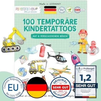 Image of 100 Stick on tattoos Skin friendly children&#039;s colourful mix child designs as a birthday present or gift idea Vegan