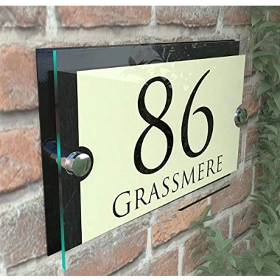 Image of MODERN HOUSE SIGN PLAQUE DOOR NUMBER STREET GLASS EFFECT ACRYLIC ALUMINIUM NAME Paramount Vintage Pearl