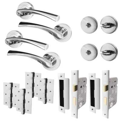 Image of EAI Chrome Bathroom Door Handle Set Pack of 2 Round Internal Handles, Thumb Turn &amp; Release Set, Lock Hinges (76mm) Polished Novoli Range