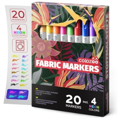 Image of colozoo Fabric Paint Pens Set of 20 4 UV Neon and 16 Textile Machine Washable Markers for Textile, Polyester, Bags, T Shirt, Paper Other