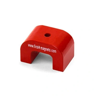 Image of Small Red Alnico Horseshoe Magnet for High Temperature, Engineering, and Manufacturing Applications 30mm x 20mm 4.5mm hole 4.5kg Pull Pack of 10