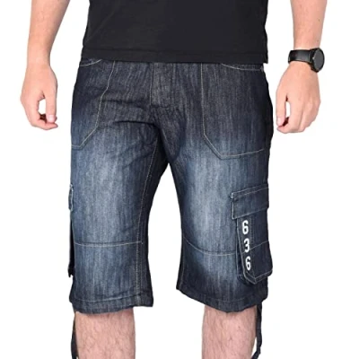 Image of True Face Mens Shorts Cargo Pockets Denim Combat Chino Button Up Flat Front Army Workwear Knee Length Straight Leg Casual Summer Work Half Pants Bottom Size 36 Dark Wash