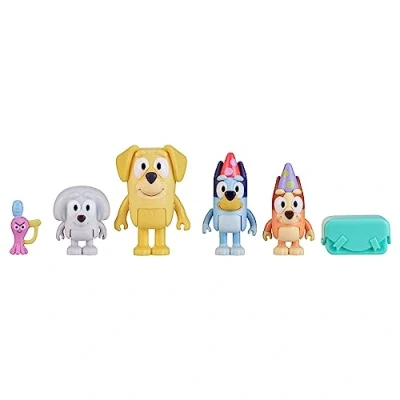 Image of Bluey Figure 4 Pack, Pass the Parcel 2.5 3 inch, Bingo, Lucky&#039;s Dad and Lila Character Figures With Accessories