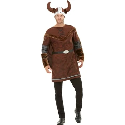 Image of Smiffys Deluxe Viking Barbarian Costume, Brown with Tunic, Cape &amp; Helmet, Historical Fancy Dress, Dress Up Costumes