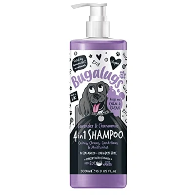 Image of BUGALUGS dog shampoo lavender &amp; chamomile 4 in 1 grooming products for smelly dogs, best puppy shampoo, professional groom Vegan pet conditioner (1x500ml), Purple