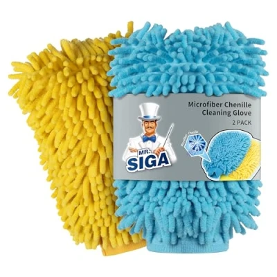 Image of MR.SIGA Microfiber Car Wash Mitt, Pack of 2, Blue &amp; Yellow