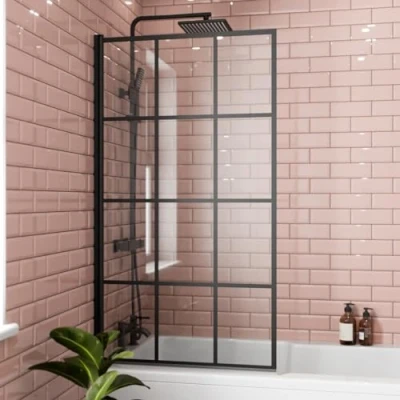 Image of LUXURA® 1400 x 800mm Black Square Grid Over Bath Shower Screen Door 6mm Clear Toughened Safety Glass Panel 180 Pivot Bathroom Hinged Framed Screens