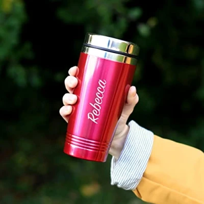 Image of eBuyGB Personalised Insulated Travel Mug, Double Walled 450ml Reusable Drinks Flask, Cup, Stainless Steel Tea/Coffee Cup (Pink)