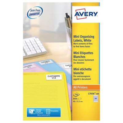 Image of Avery Printable, Customisable Mini Labels, Laser Printers, 84 Labels Per A4 Sheet, 8400 QuickPEEL (L7656), White, 46 x 11.1 mm