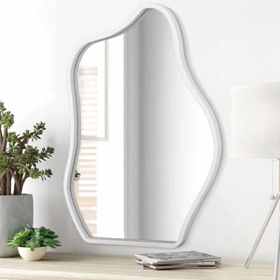 Image of White Hanging Mirrors for Wall Asymmetrical Irregular Wood Frame Mirror Modern Unique Shaped Wavy Bedroom Living Room Bathroom Vanity Entryway Hallway Decorative