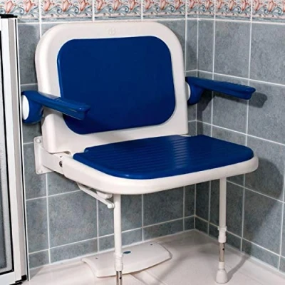 Image of AKW Extra Wide Folding Shower Seat with Padded Back and Armrests for Elderly &amp; Adults 4000 Series
