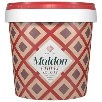 Image of Maldon Chilli Sea Salt with Aleppo &amp; Bird’s Eye Chillies, Perfect for a Wide Range of Dishes, Fantastic Burst Flavour, Pyramid Shaped Flakes 500g Tub