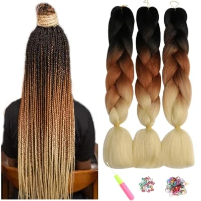 Image of ShowJarlly Box Braid Hair Extensions, 24inch Black/Brown/Creamy White Ombre Jumbo Hair, 3Packs Synthetic Braiding Extension Afro Extensions for Crochet Twist