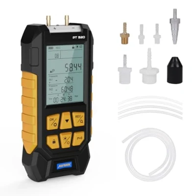 Image of AUTOOL Manometer Gas Pressure Tester,Digital HVAC,11 Units Differential Dual Port Gauge 100 to 200Kpa,Data Zeroing with Backlight LCD Display