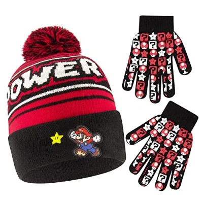 Image of Nintendo Boys&#039; Winter Hat and Kids Gloves Set, Super Mario Beanie for Ages 4 7, Red/Black, Age
