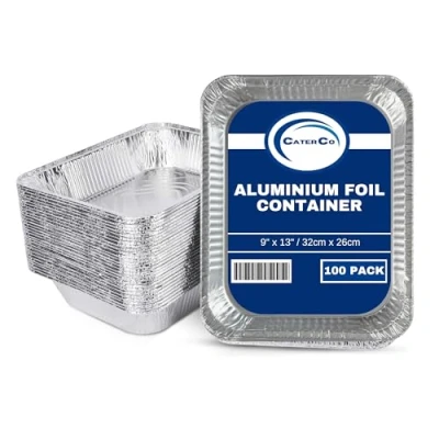 Image of CaterCo Large Aluminium Foil Trays 32 X 26 cm (100 Pack) Disposable Tin Containers for Baking, Cooking, Roasting, Broiling Half Size Gastronome Food Storage Deep Container 100 Pack