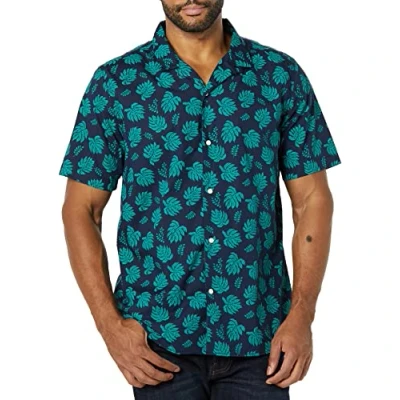 Image of Amazon Essentials Men&#039;s Slim Fit Short Sleeved Button Down Holiday Shirt, Navy Teal Green Palm Leaf Print, M