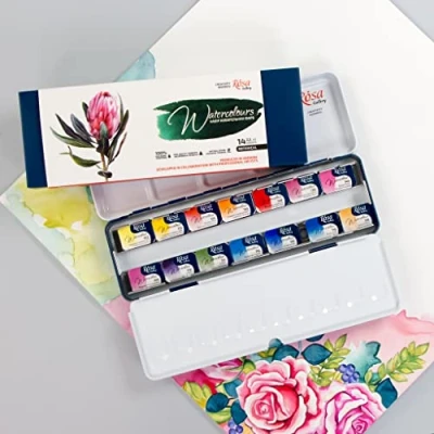 Image of Rosa Gallery Set of Watercolors Botanical Unique Palette, Full Pans 2.5ml, Metal Case, Extra Fine Professional Watercolours (14 Pans)