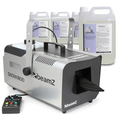 Image of beamz SNOW1800 Snow Machine with Timer Remote Control and 20L Fluid for Artificial Christmas Snowflake Blizzard Effects