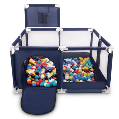 Image of Selonis Square Play Pen Filed with 200 Balls Basketball, Blue:Black/White/Blue/Red/Yellow/Turquoise
