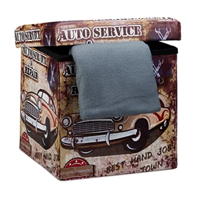 Image of Relaxdays &quot;Car Cube Folding Seat Box Ottoman with Trendy Motifs and Removable Lid, Faux Leather, Multi Colour, 38 cm