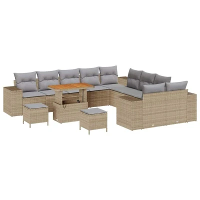 Image of vidaXL 13 Piece Garden Sofa Set with Cushions Beige Poly Rattan Acacia