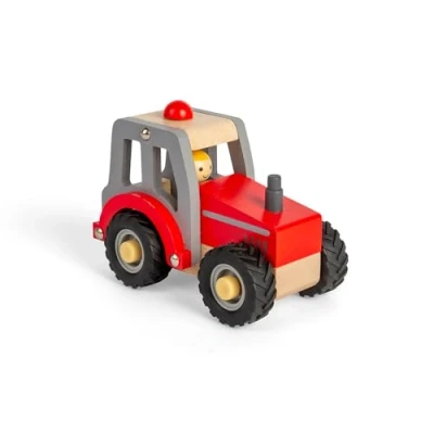 Image of Bigjigs Toys Mini Red Tractor Wooden Farm Vehicle with Chunky Rubber Wheels &amp; Farmer Driver Figure, Kids Toy Tractors Trucks, Gifts For Toddlers, Age 12+ Months