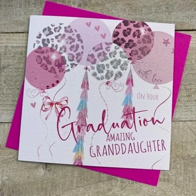 Image of White Cotton Cards GRANDDAUGHTER LEOPARD PRINT BALLOONS DESIGN, GRADUATION CARD, HAND FINISHED (S330 GD)