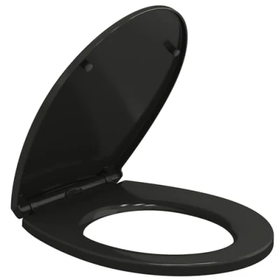Image of Soft Close Black Toilet Seat Standard Loo with Top &amp; Bottom Fixing Quick Release and Adjustable Hinges O Shape Lid Cover PP
