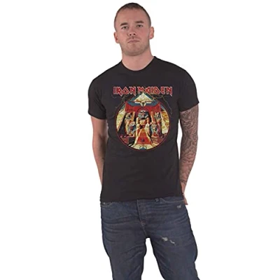 Image of Rockoff Trade Men&#039;s Iron Maiden Powerslave Lightning Circle T Shirt, Black (Black Black), X Large