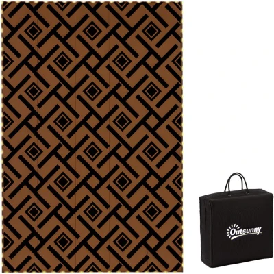 Image of Outsunny Reversible Outdoor Rug with LED String Lights, Waterproof Plastic Straw Mat Carry Bag for Garden, Deck, RV, Picnic, Beach, Camping, 182 x 274cm, Brown and Black