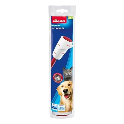 Image of Vileda Lint Roller Brush/Sticky Adhesive/Pet Hair Remover 58 Sheets per Roll Red Handle
