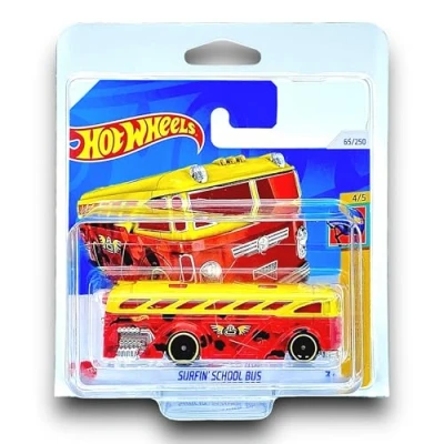 Image of Hot Wheels Surfin&#039; School Bus (Yellow &amp; Red) 4/5 HW Xtreme Sports 2024 65/250 (Short Card) includes a KLAS Car Keeper Protector Case HTD58