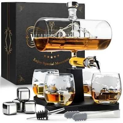 Image of WHISISKEY Whiskey Decanter Set 1100ML Ship Carafe Gift Sets for Men Whisky Glass Gifts Inc. 4 Glasses, Stones, Accessories