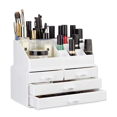 Image of Relaxdays Makeup Organizer with 4 Drawers, Cosmetics Holder for Nail Polish and Lipstick, Acrylic Kit, White