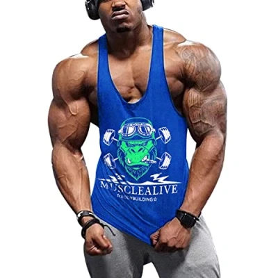 Image of Musclealive Mens Bodybuilding Tank Top Stringer Vest Cotton Arch Man Blue M ( Chest 38 Inch to 42 Inch)