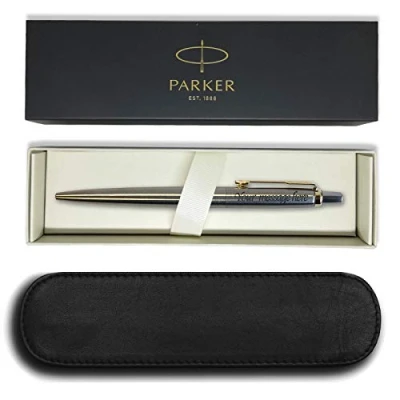 Image of Parker Jotter Stainless Steel Gold Trim Ball PEN FREE ENGRAVING + LEATHER SLIP