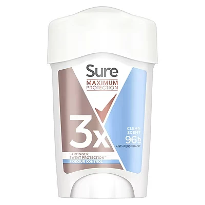 Image of Sure Maximum protection Clean Scent Deodorant Cream Stick women&#039;s anti perspirant for 96 hour sweat and odour 45 ml