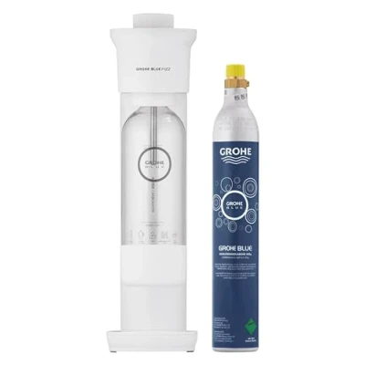 Image of GROHE Blue Fizz Sparkling Water Maker Starter Set (with CO2 Level Preset, BPA Free Bottle 850ml, 425g), White, 31941L00