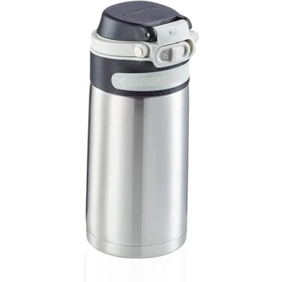 Image of Leifheit Insulating mug Flip 350ml, coffee 100% leak proof, practical one hand opening, drinking to go with fruit filter, keeps drinks hot for up 6 hours, silver grey