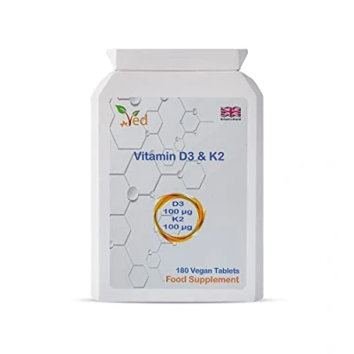 Image of Ved&#039;s Vitamin D3 K2 100 mcg &amp; High Strength for Bone Immune System Vegan, Gluten Free 180 Vegan Tablets 6 Month Supply.