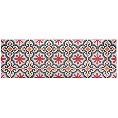 Image of Baroni Vinyl Kitchen Rug with Red and Green Majolica Decoration, 180 x 60 cm, Non Slip PVC for Indoor Outdoor Use