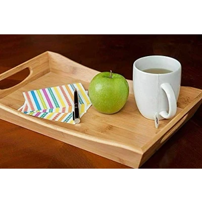 Image of Mantraraj Bamboo Serving Tray With Handles Curve Platter Wooden Breakfast for Eating,Storing, Used in Bedroom, Kitchen, Bed Tea, Dinner Party, Living Room, Bathroom, Hospital, Outdoors