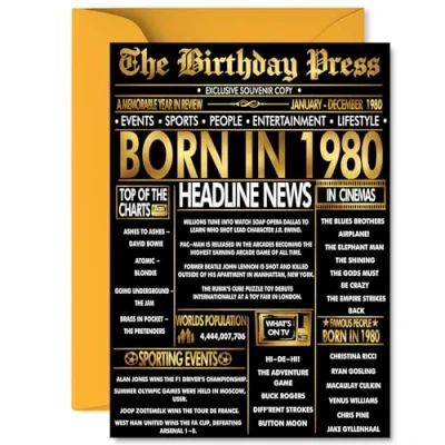 Image of Gold 45th Birthday Card for Men Women Black &amp; Golden Newspaper Born in 1980 Happy 45 Cards Dad Niece Neighbour Colleague Friend Daughter, A5 Bday Greeting
