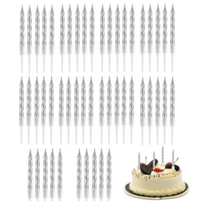 Image of JJiaoLinin Birthday Candles,50 Pieces Spiral Cake Candles in Holders Metallic Cupcake Short Thin for Wedding Party Decorations,Silvery