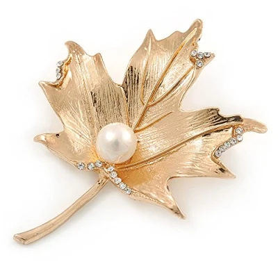 Image of Avalaya Gold Tone, Clear Crystal Maple Leaf Brooch with Etched Detailing 55mm L