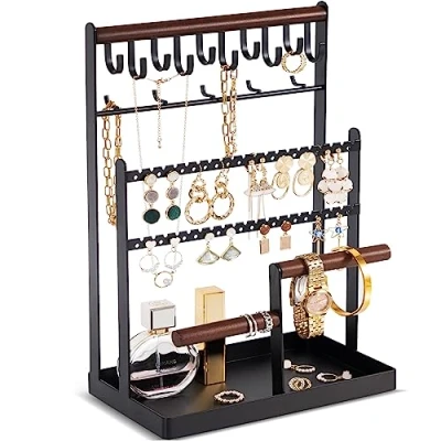 Image of ProCase Jewelry Organiser Stand Necklace Organizer Earring Holder, 6 Tier Holder with 15 Hooks, Tower Display Rack Storage Tree for Bracelets Earrings Rings Black