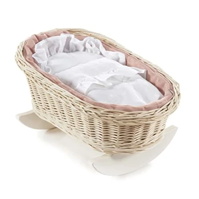 Image of e wicker24 Natural Wicker Dolls Cot Vintage Cradle Doll Bed Handmade for Baby Crib Retro Style White Bedding Wooden Rocking Bassinet Toy