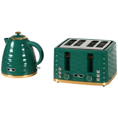 Image of HOMCOM Kettle and Toaster Sets, 3000W 1.7L Rapid Boil &amp; 4 Slice with 7 Browning Controls, Defrost, Reheat Crumb Tray, Otter Thermostat, Green